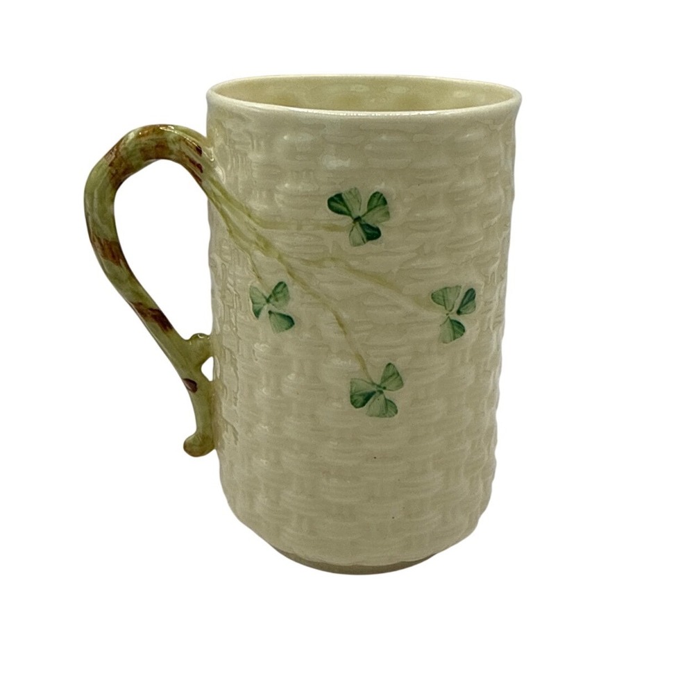 Belleek Ireland Shamrock Basketweave Parian China Mug 5 Inch 6th Mark Green